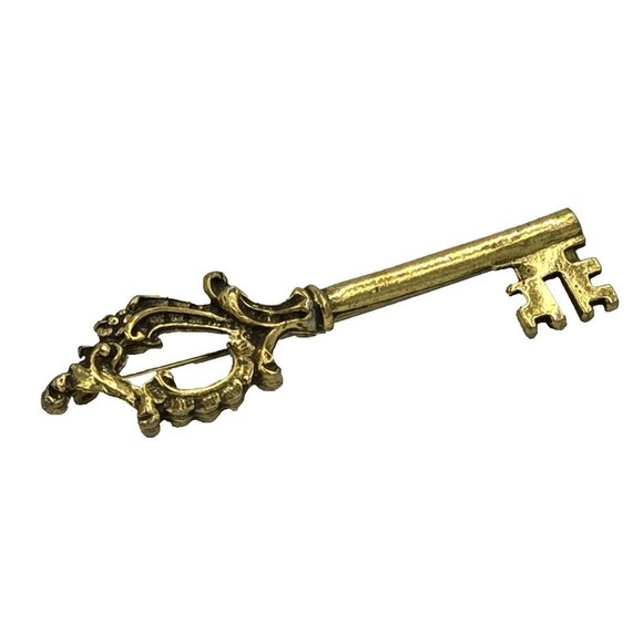 Zentall Skeleton Key Burnished Gold Tone Brooch - Picture 1 of 8